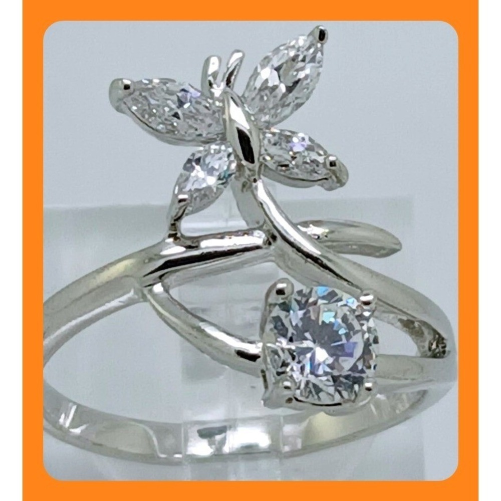 Vintage 1990s Butterfly Bypass Ring Silver Tone Marquise Round Stones Size 8.25